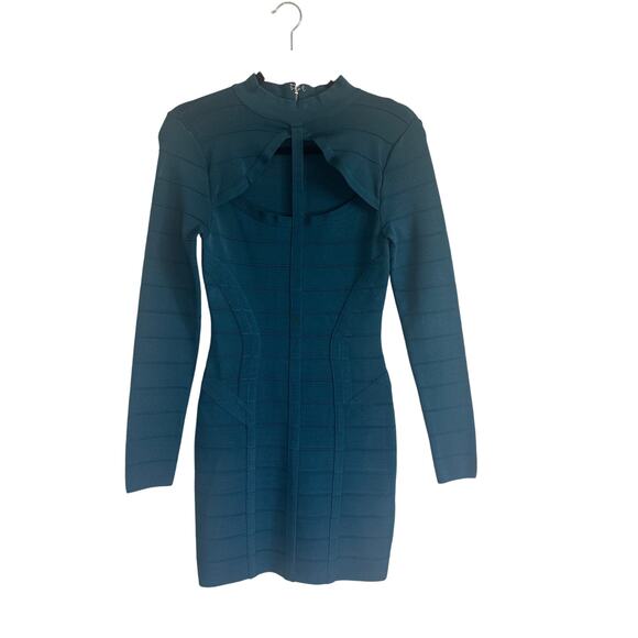 Bebe Women's Bandage Bodycon Dress Medium Long Sleeve Cutout Mini Teal Blue - Picture 4 of 16